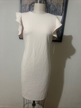 Calvin Klein Cream Ruffle Sleeve Sheath Dress